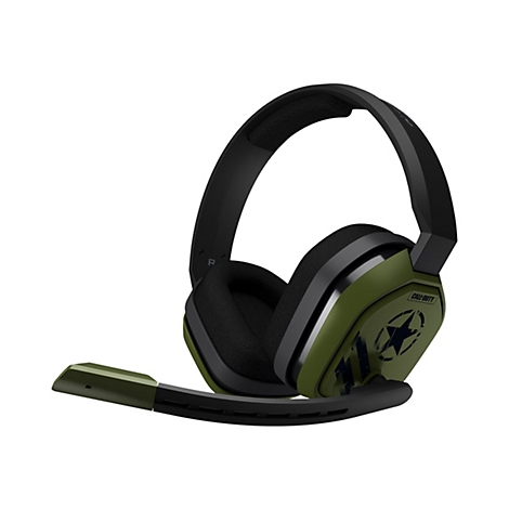 Gaming-Headset im olivgrünen Call of Duty Design mit schwarzem Bügel, weichen Polstern und klappbarem Mikrofonarm.