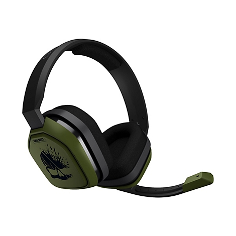 Gaming-Headset in Olivgrün und Schwarz mit Call of Duty Logo auf der Ohrmuschel und ausziehbarem Mikrofon.