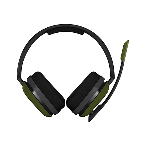 Schwarzes Gaming-Headset mit olivgrünen Akzenten und klappbarem Mikrofon vor weißem Hintergrund.