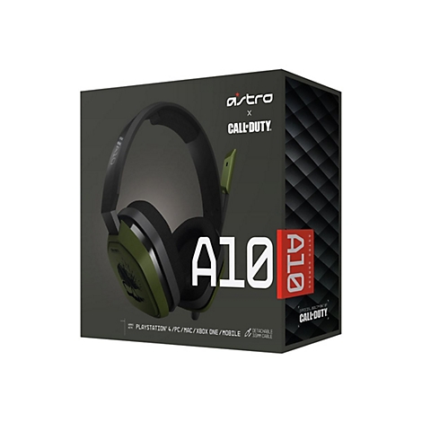 Verpackung des Astro A10 Gaming-Headsets in olivgrünem Call of Duty-Design vor weißem Hintergrund.