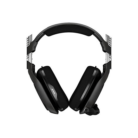 Schwarzes Headset. Ohrmuscheln aus Stoff, Logo auf der Seite. Mikrofon und Bügel sind schwarz mit silbernen Akzenten.