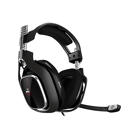 Schwarzes Gaming-Headset, detailreich abgebildet, mit Mikrofon und roten Akzenten. Auf dem Ohrhörer steht "A40 Tournament Ready".