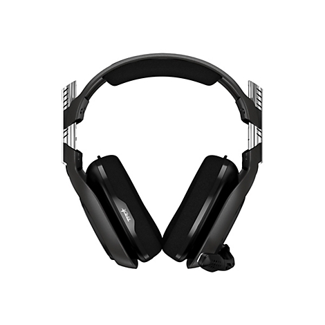 Schwarzes Gaming-Headset auf weißem Hintergrund, Träger, Ohrmuscheln und Mikrofon zu sehen.