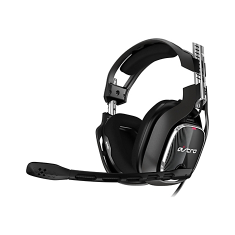 Schwarzes Gaming-Headset mit Mikrofon, Detailansicht. Auf dem Ohrhörer steht "astro".