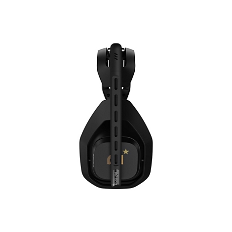 Schwarzes Astro Gaming Headset von der Seite, fokussiert auf das Mikrofon und die Ohrmuschel.