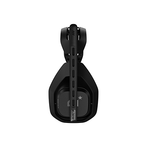 Schwarzes Astro Gaming Headset in der Seitenansicht, fokussiert auf das Mikrofon und die Ohrmuschel.