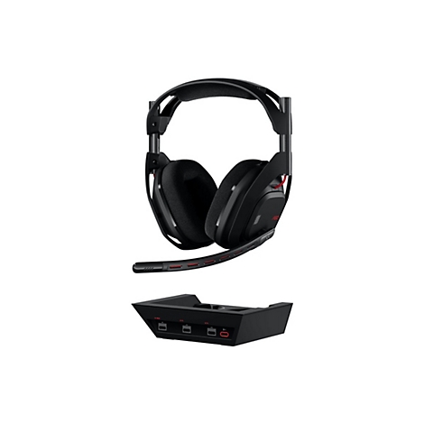 Schwarzes Gaming-Headset mit rotem Akzent und Basisstation vor weißem Hintergrund.