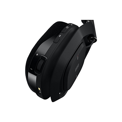 Schwarzer Gaming-Kopfhörer, Detailansicht. Bedienknöpfe, Mikrofonanschluss und Ohrpolster aus schwarzem Stoff.