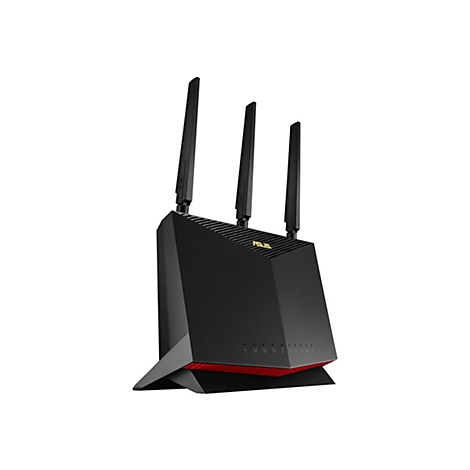 Ein schwarzer WLAN-Router mit drei Antennen, roter Basis und ASUS-Logo.