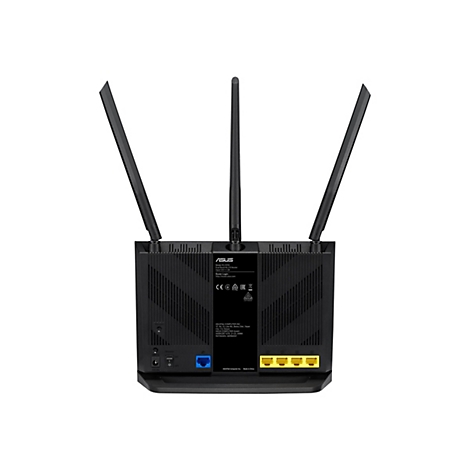 Vue arriÃ¨re d'un routeur Wi-Fi noir avec trois antennes et des ports.