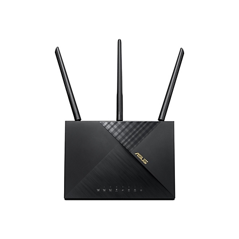Schwarzer Router mit drei Antennen, ASUS-Logo und Leuchten.