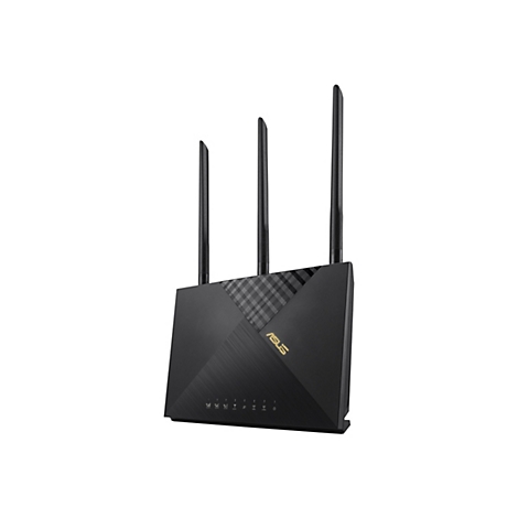 Schwarzer Router mit drei Antennen, Marke ASUS. Auf weißem Hintergrund.