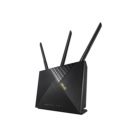 Schwarzer Router mit drei Antennen, Marke ASUS. Der Router steht vor weißem Hintergrund.