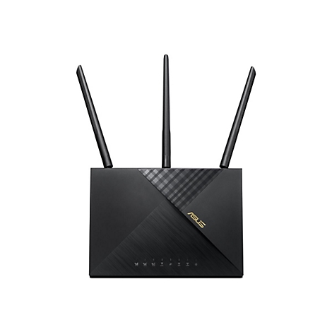 Schwarzer Router mit drei Antennen, ASUS Logo und Bedienfeldern, auf weiÃŸem Hintergrund.