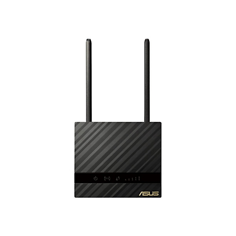 Schwarzer Router mit zwei Antennen. Streifenmuster auf der Vorderseite, darunter eine Leiste mit Anzeigen und ASUS-Logo.