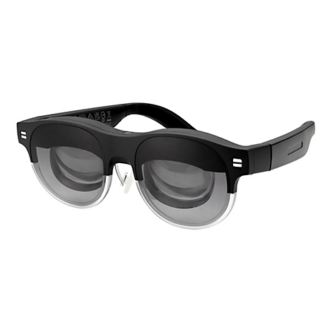 Schwarze Smartglasses mit getönten Gläsern und transparentem Rahmen. Auf weißem Hintergrund.