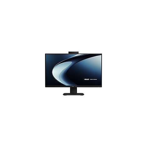 Schwarzer ASUS Monitor mit Webcam, blau-grauer Hintergrund. Das Display zeigt eine abstrakte Grafik.