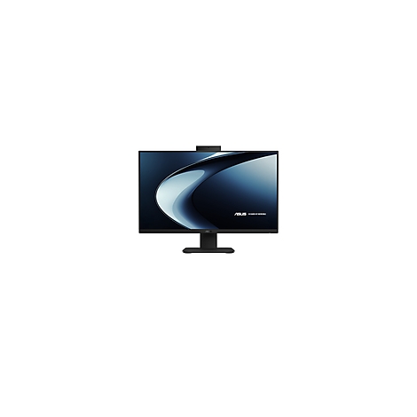 Schwarzer Monitor mit einer integrierten Webcam, vor einem dunklen Hintergrund mit blau-weißen Lichtlinien. ASUS Logo.