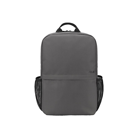 Grauer Asus Rucksack mit schwarzem Tragegriff und seitlichen Netztaschen vor weißem Hintergrund.