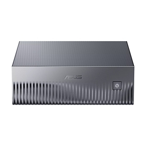 Grauer ASUS-Mini-PC. Oben mit geriffelter Oberfläche, vorne mit vertikalen Lamellen und ASUS-Logo sowie Power-Taste.