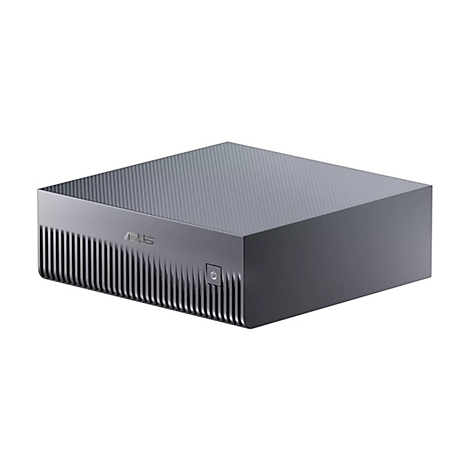 Dunkelgrauer ASUS Mini-PC, eckig, mit geriffelter Front und Oberseite. Power-Button.