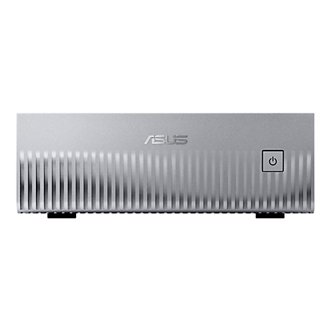 Silberfarbener ASUS-Mini-PC mit gerillter Front. Oben mittig das ASUS-Logo. Rechts oben der Einschaltknopf.