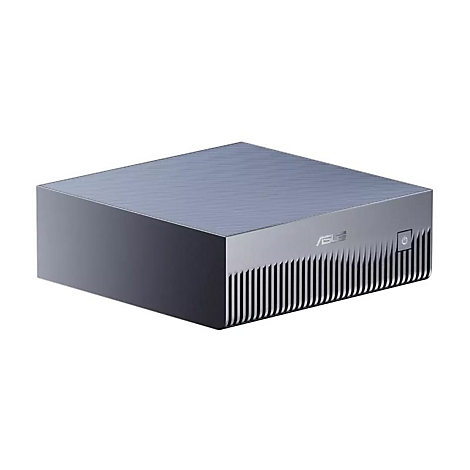 Kompakter, rechteckiger Mini-PC in Grau. Oberseite mit feinen Linien, ASUS Logo und Power-Knopf. Kühllamellen an einer Seite.