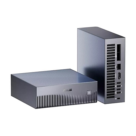 Zwei kleine, dunkelgraue Computergehäuse stehen vor weißem Hintergrund. Eines ist flach und rechteckig, das andere hoch und schmal.