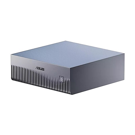 Ein silberfarbener ASUS-Mini-PC. Er hat eine geriffelte Oberseite, ein vertikales Lamellendesign an der Vorderseite und das ASUS-Logo.