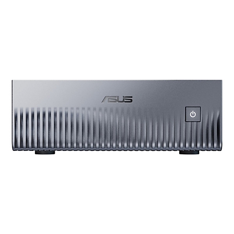 Grauer ASUS-Mini-PC mit geriffelter Front, Power-Knopf rechts. ASUS-Logo in der Mitte.