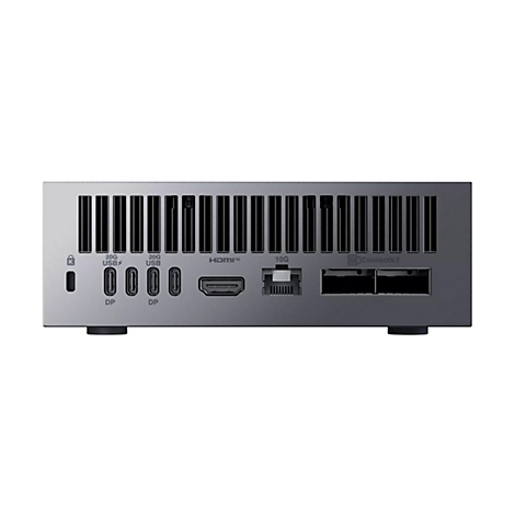 Grauer Mini-PC mit Anschlüssen wie USB, HDMI und LAN. Es sind Lüftungsschlitze und der Schriftzug 'ConnectX-7' zu sehen.