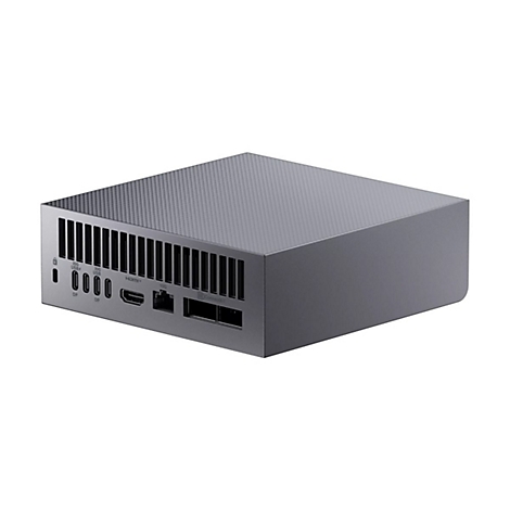Grauer, rechteckiger Computer. Oben mit leicht strukturiertem Muster, Front mit Anschlüssen: USB, HDMI, DP.