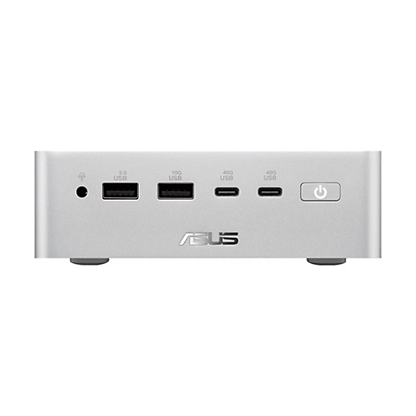 Silberne Asus Dockingstation Vorderseite mit Kopfhöreranschluss, USB-Ports, zwei USB-C-Anschlüssen und Power-Button.