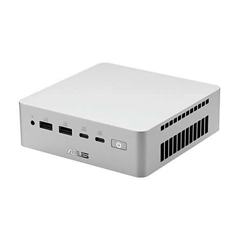 Silberner ASUS Mini-PC mit verschiedenen USB-Anschlüssen, Kopfhörerbuchse und Power-Button an der Front.