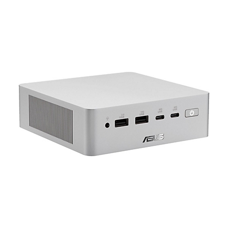 Silberner ASUS Mini-PC mit verschiedenen USB-Anschlüssen, Kopfhörerbuchse und Power-Button auf der Vorderseite.