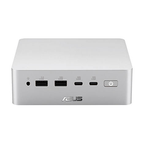 Silberne Asus Dockingstation mit verschiedenen Anschlüssen, USB-C-Ports und Ein-/Ausschalttaste auf weißem Hintergrund.