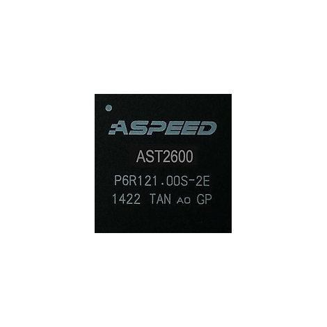 Nahaufnahme eines schwarzen Mikrochips. Der Chip trägt die Aufschrift 'ASPEED AST2600' und weitere technische Daten.