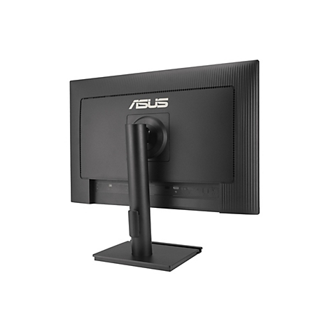 Schwarzer ASUS-Monitor, Rückansicht. Logo, Anschlüsse, Halterung.