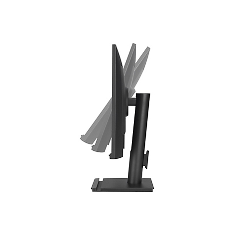 Seitenansicht eines schwarzen Computermonitors auf Standfuß, zeigt die Neigungsmöglichkeiten des Displays.