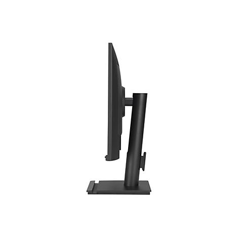 Seitliche Ansicht eines schwarzen Computer-Monitors mit schmalem Standfuß vor weißem Hintergrund.
