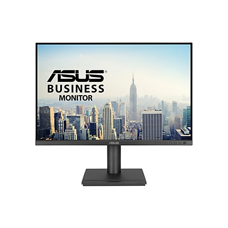 Schwarzer Asus Business Monitor mit dünnen Rändern vor weißem Hintergrund, zeigt eine Skyline im Hintergrund.