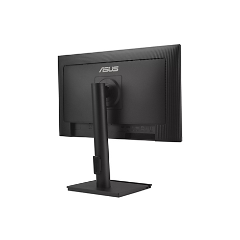 Rückseite eines schwarzen ASUS-Monitors, der auf einem weißen Hintergrund steht. Das ASUS-Logo ist deutlich sichtbar. Der Monitor ist an einem schwarzen Ständer befestigt.
