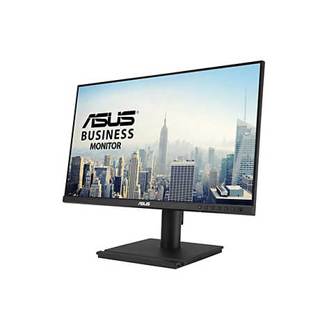 Schwarzer ASUS Business Monitor, Bildschirm zeigt Skyline, Logo und Schriftzug.