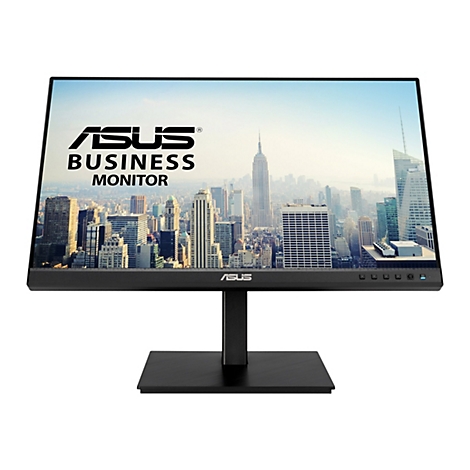 Schwarzer ASUS Business Monitor, Bildschirm mit Stadtlandschaft, Standfuß.