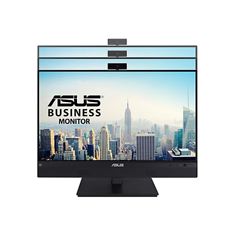 Asus Business Monitor mit Kamera oben, zeigt drei verschiedene Höheneinstellungen vor weißem Hintergrund.