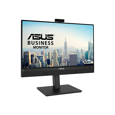 Schwarzer Asus Business-Monitor vor weißem Hintergrund mit Webcam auf dem oberen Rand und Stadtansicht auf dem Display.