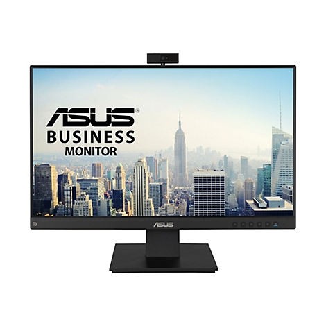 Schwarzer Monitor mit ASUS Logo und Webcam. Auf dem Bildschirm ist eine Stadtlandschaft abgebildet.