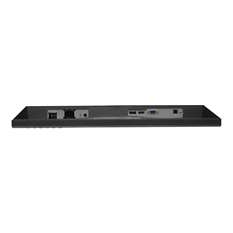 Rückseite eines schwarzen Monitors mit Anschlüssen für Strom, Audio, HDMI, DisplayPort, VGA und USB vor weißem Hintergrund.