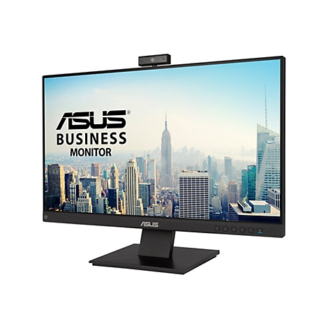 Schwarzer Asus Business Monitor mit Webcam auf dem Rand vor New Yorker Skyline.