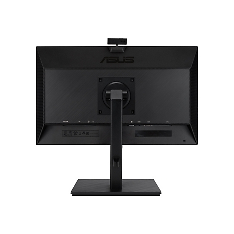 Rückseite eines schwarzen ASUS-Monitors mit Standfuß, Webcam an der Oberseite und verschiedenen Anschlüssen.